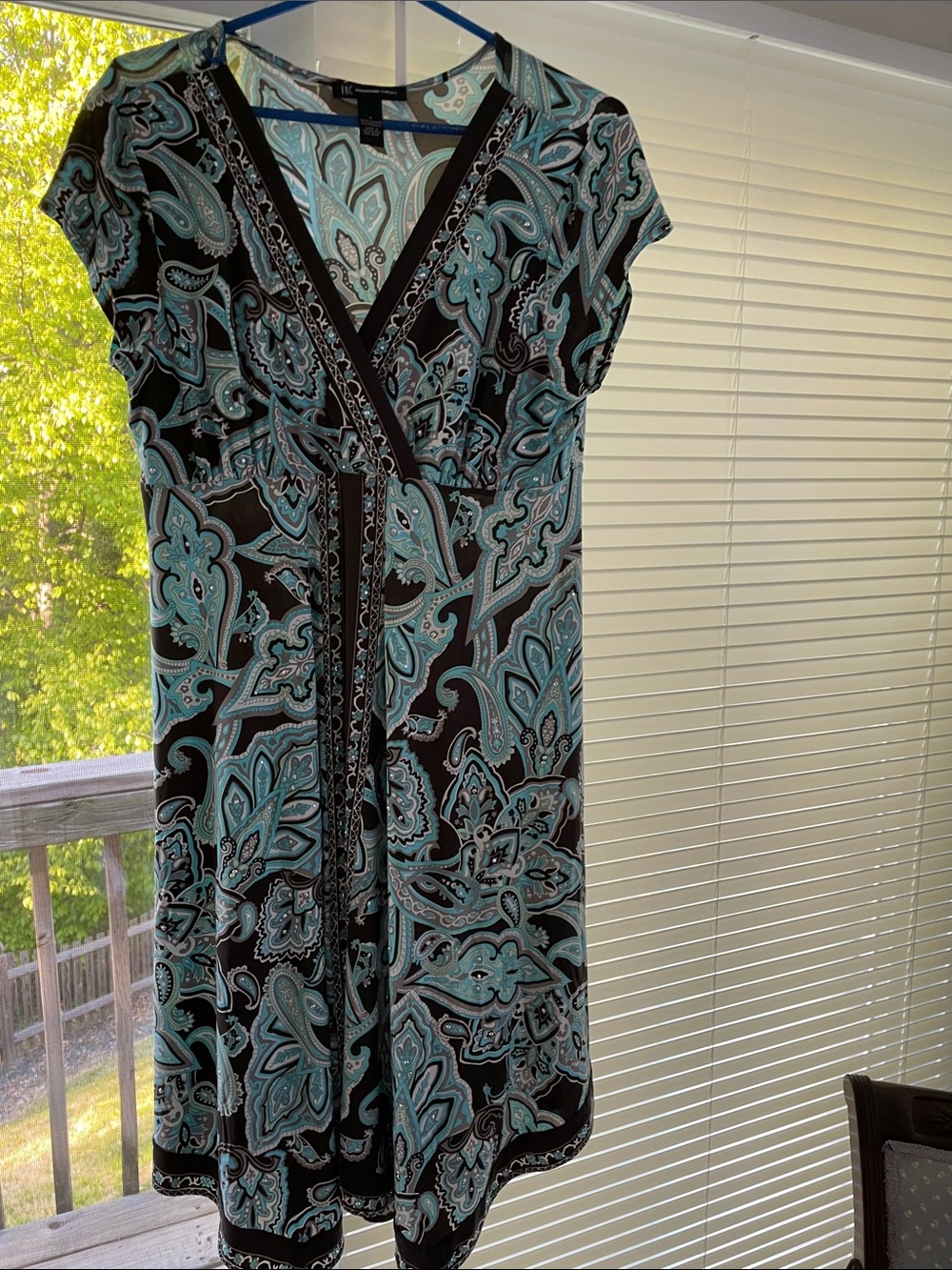 INC Intl Concepts Teal/white/brown Paisley Dress w/ bling on front & v neck